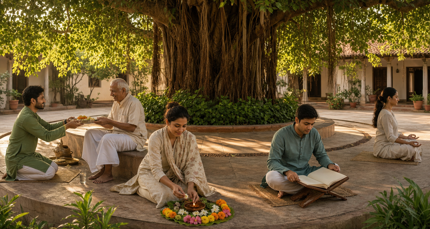 Four people in a banyan courtyard serve a meal, tend flowers and a lamp, study, and meditate.