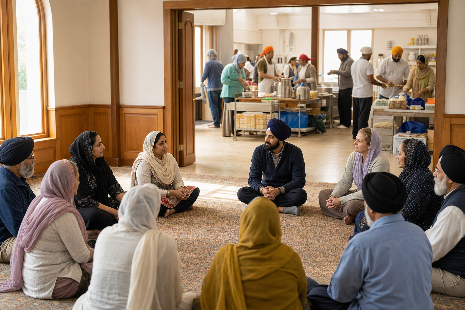 An intergenerational Sikh community sits in a discussion circle while volunteers prepare food and organize supplies in the background.
