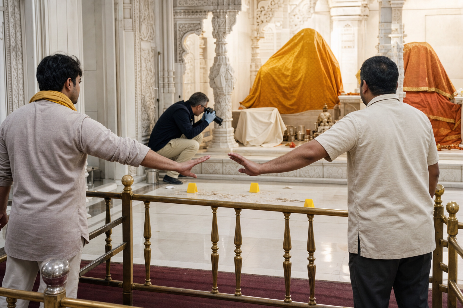Gloved temple volunteers photograph a floor area and restrict access while preserving possible evidence.