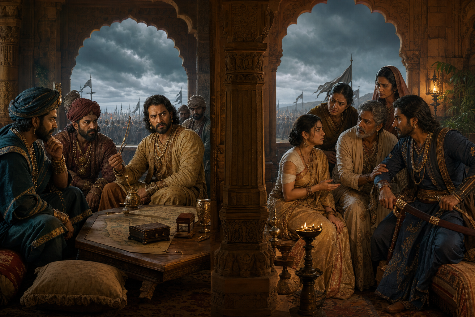 A worried royal figure watches two relatives exchange a sealed object in a palace corridor as courtiers gather behind the observer.