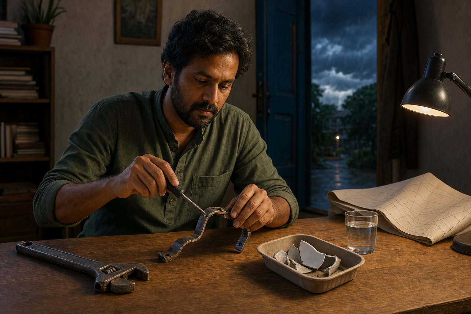A person reviews tools at a table, keeping one ready, adjusting another, and setting a cracked piece aside.