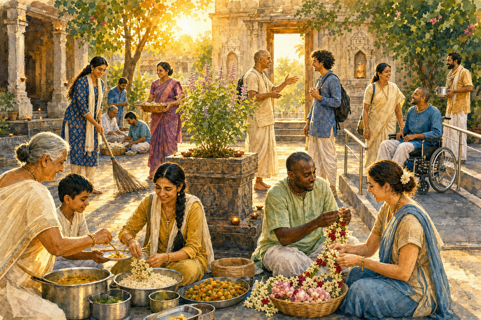 Devotees of different ages and abilities prepare food, arrange flowers, sweep, and welcome a newcomer in a sunlit Vaishnava temple courtyard.