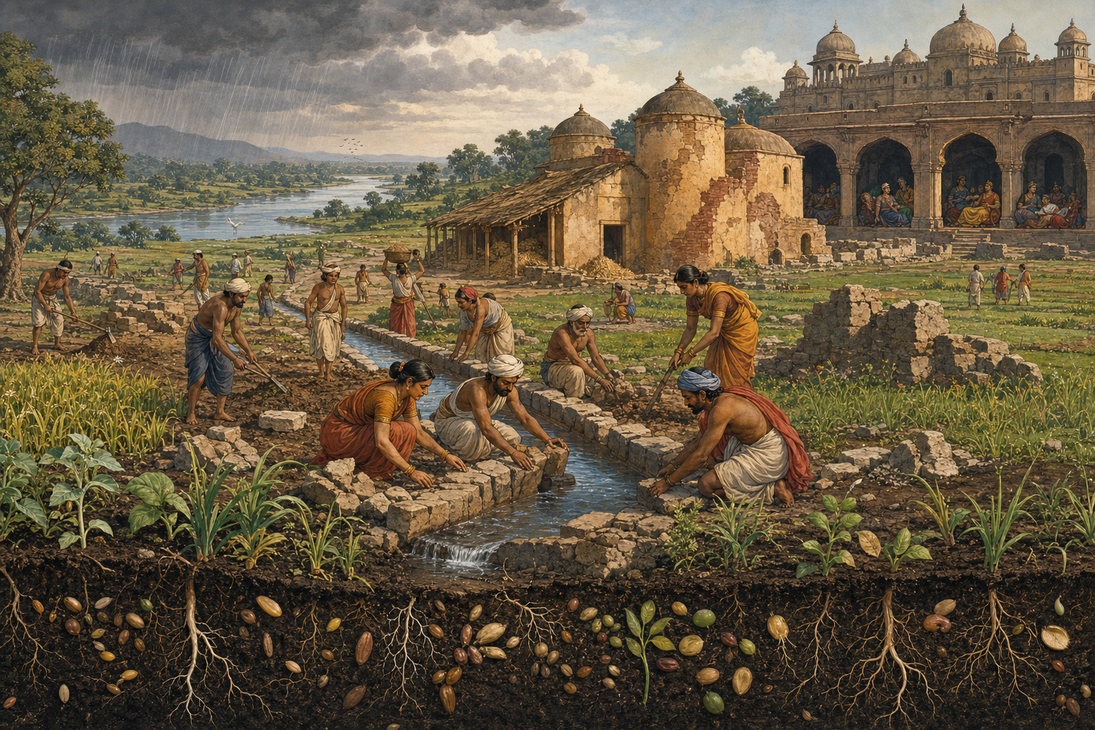 King Prithu listens to farmers and families carrying empty baskets in an assembly overlooking dry fields and a depleted reservoir.