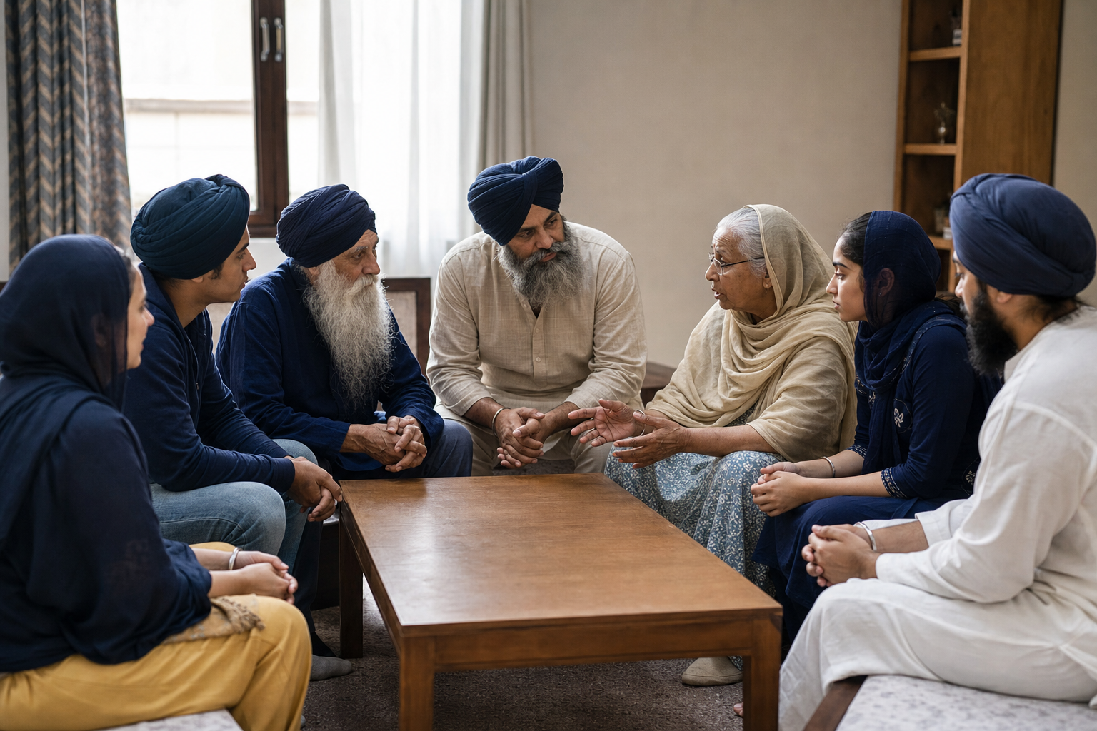 A Sikh committee with covered heads sits in an open circle and pauses quietly before a meeting in a gurdwara room.