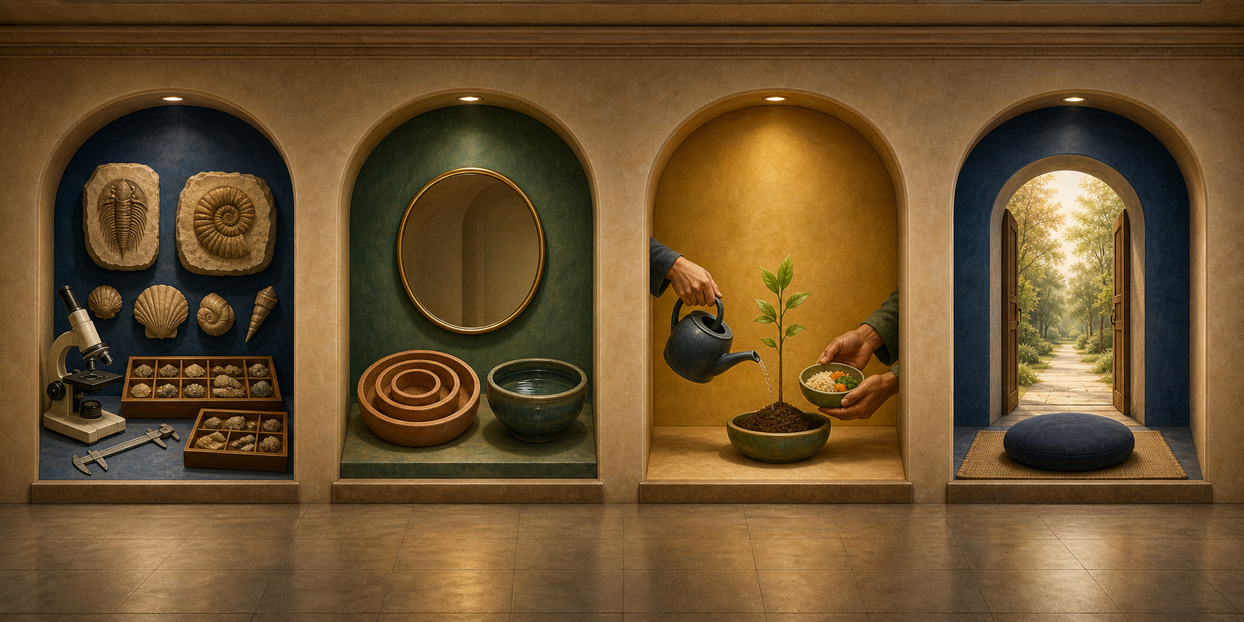 Four separate alcoves contain scientific specimens, reflective objects, hands tending a plant and sharing food, and a meditation cushion facing an open doorway.