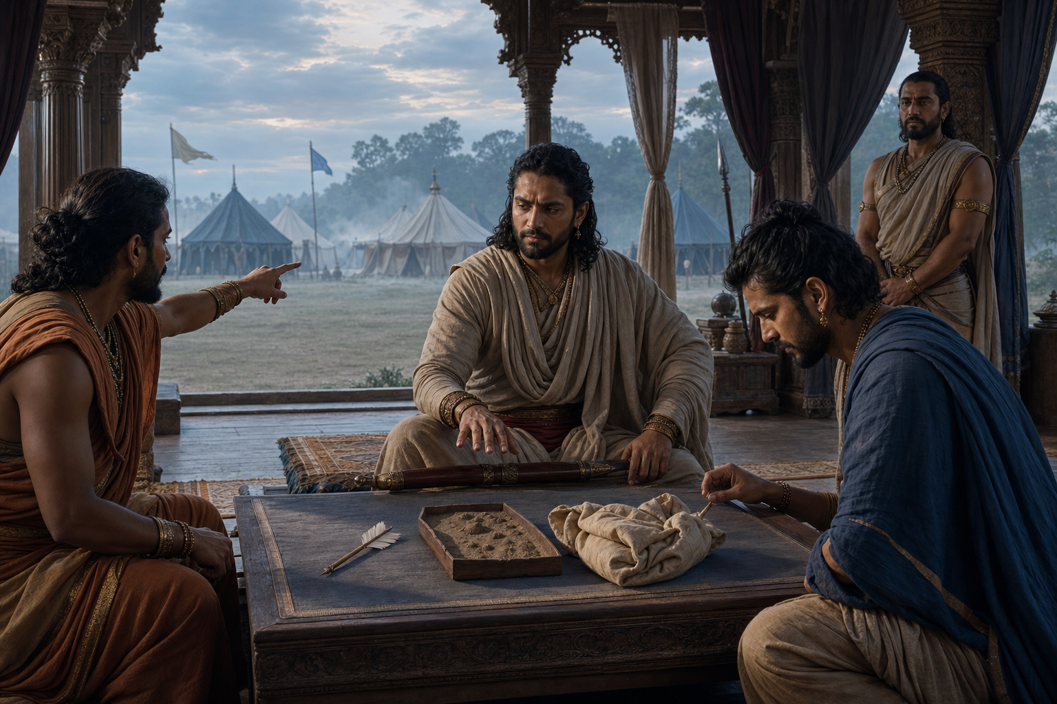Relatives gather around an injured family member while messengers and armed retainers assemble in widening circles outside a hill fort.