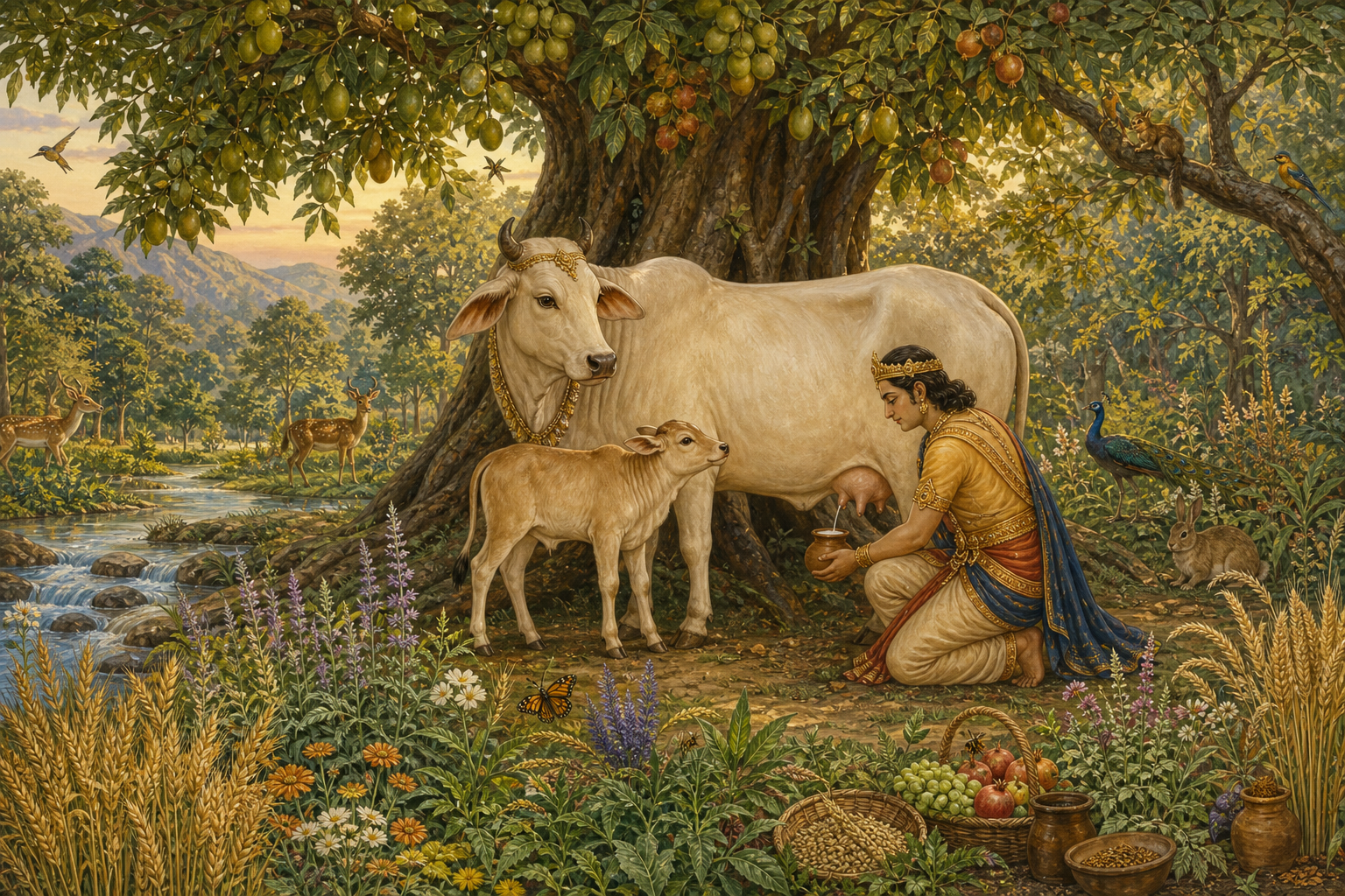 A cow and her calf stand in a flowering meadow as milk is collected in a clay vessel and farmers tend seed, compost, water and crops nearby.