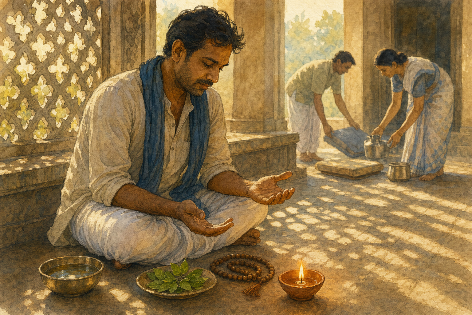 A Vaishnava practitioner chants with prayer beads at dawn beside an oil lamp, tulasi plant, water cup, flowers, and folded service cloth.