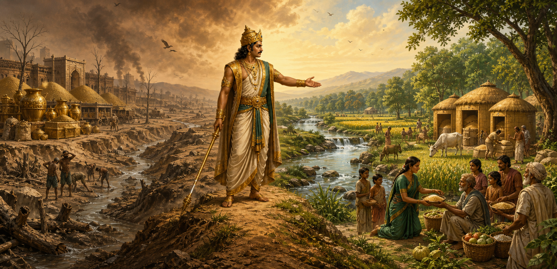 A female personification of Earth touches fertile soil and holds seeds while her form blends into forests, fields, a river, hills and mountains tended by small communities.