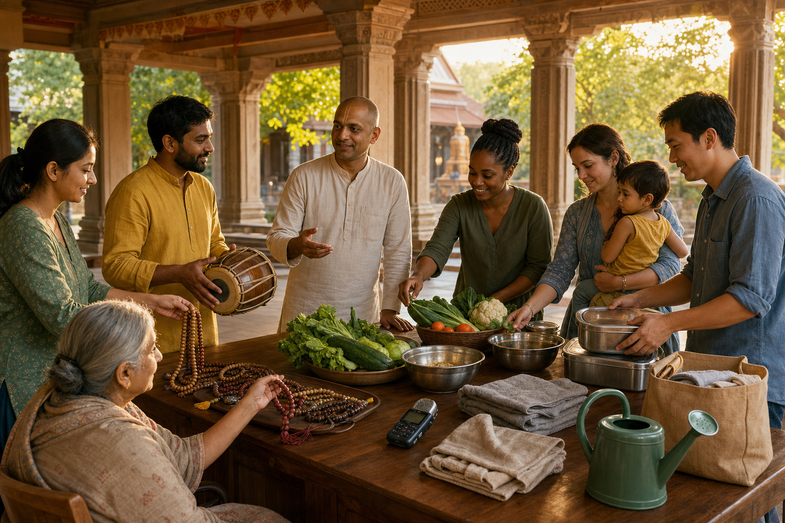 Volunteers of different ages choose among devotional, food, cleaning, gardening, oral-history, and outreach materials arranged on a wooden table.