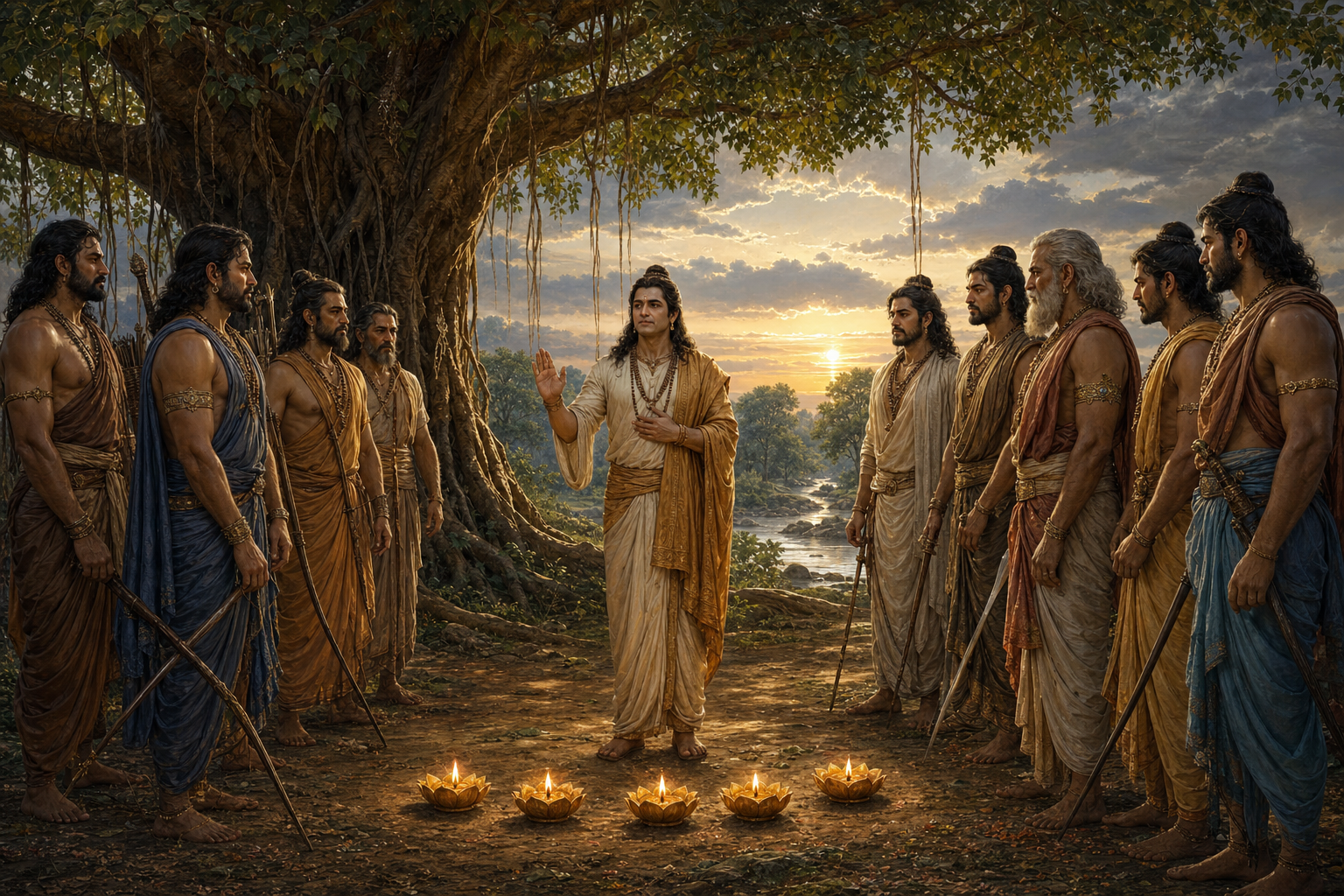 A counselor stands beneath a banyan tree between two groups of relatives with lowered weapons, with five lotus-shaped lamps on the ground.