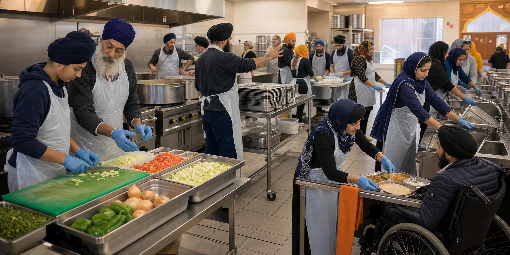 Volunteers of different ages prepare, cook, wash dishes, and serve food at organized stations in a gurdwara langar kitchen.