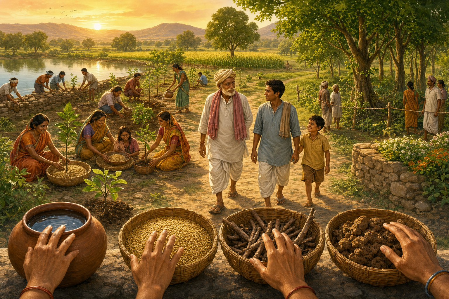Community members share grain, conserve water, plant saplings, reserve seed and protect a grove while three generations stand together on a village path.