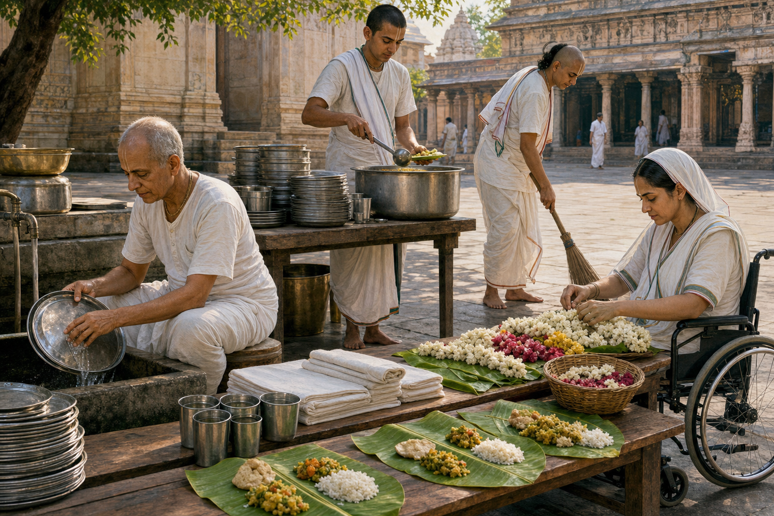 Devotees serve a communal meal, wash metal plates, sweep the courtyard, and prepare flower garlands together in an orderly temple service area.