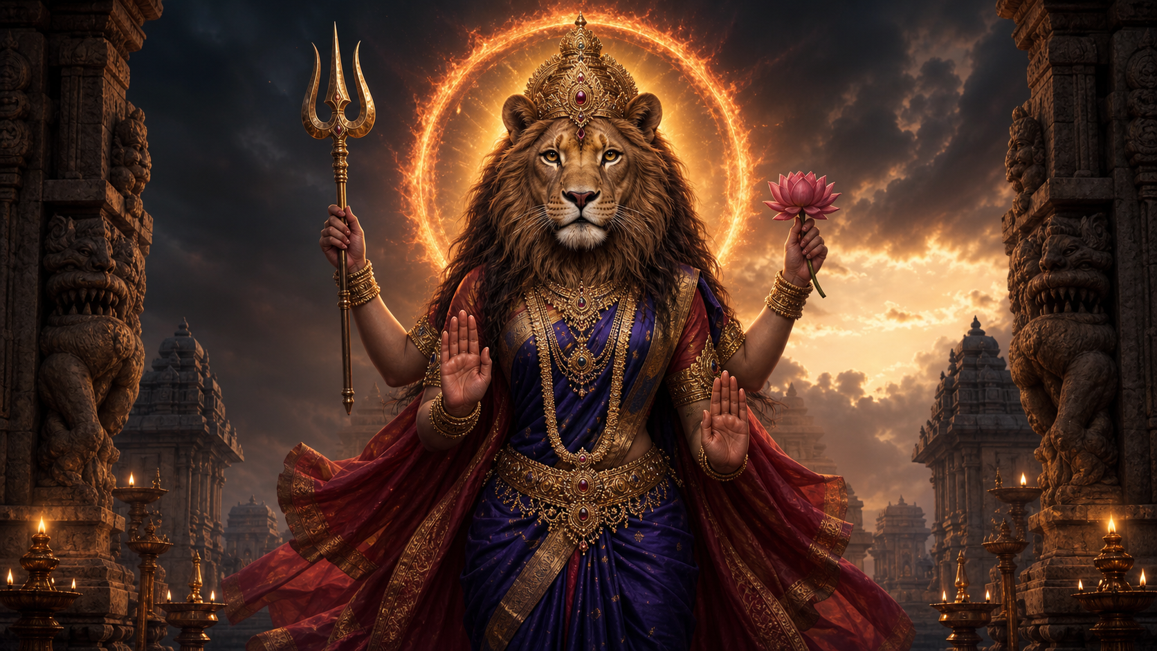 Lion-headed Pratyangira Devi stands at a stone sanctuary entrance with four arms, crimson and indigo garments, and a red-gold halo beneath storm clouds.