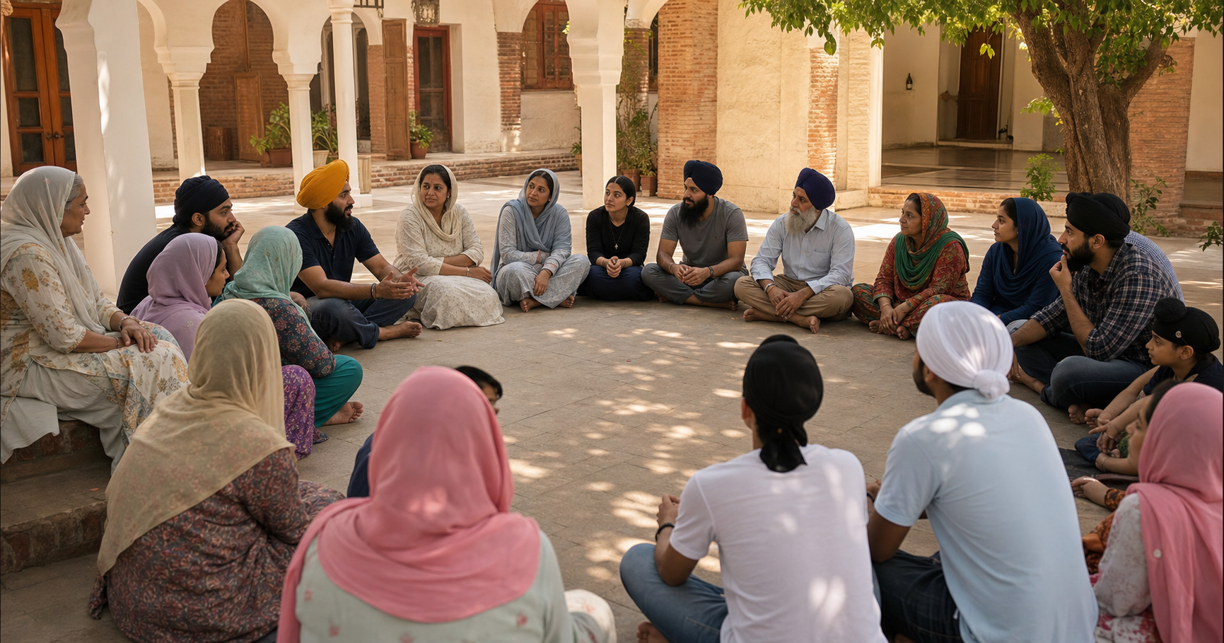 Sikh community members of different ages sit in a wide courtyard circle and listen as two participants speak.