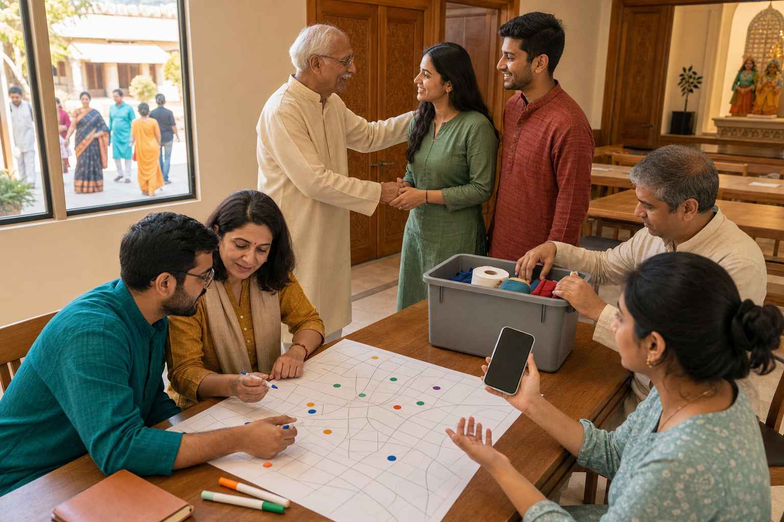 Temple volunteers review preparedness materials and coordinate community outreach around a meeting table.