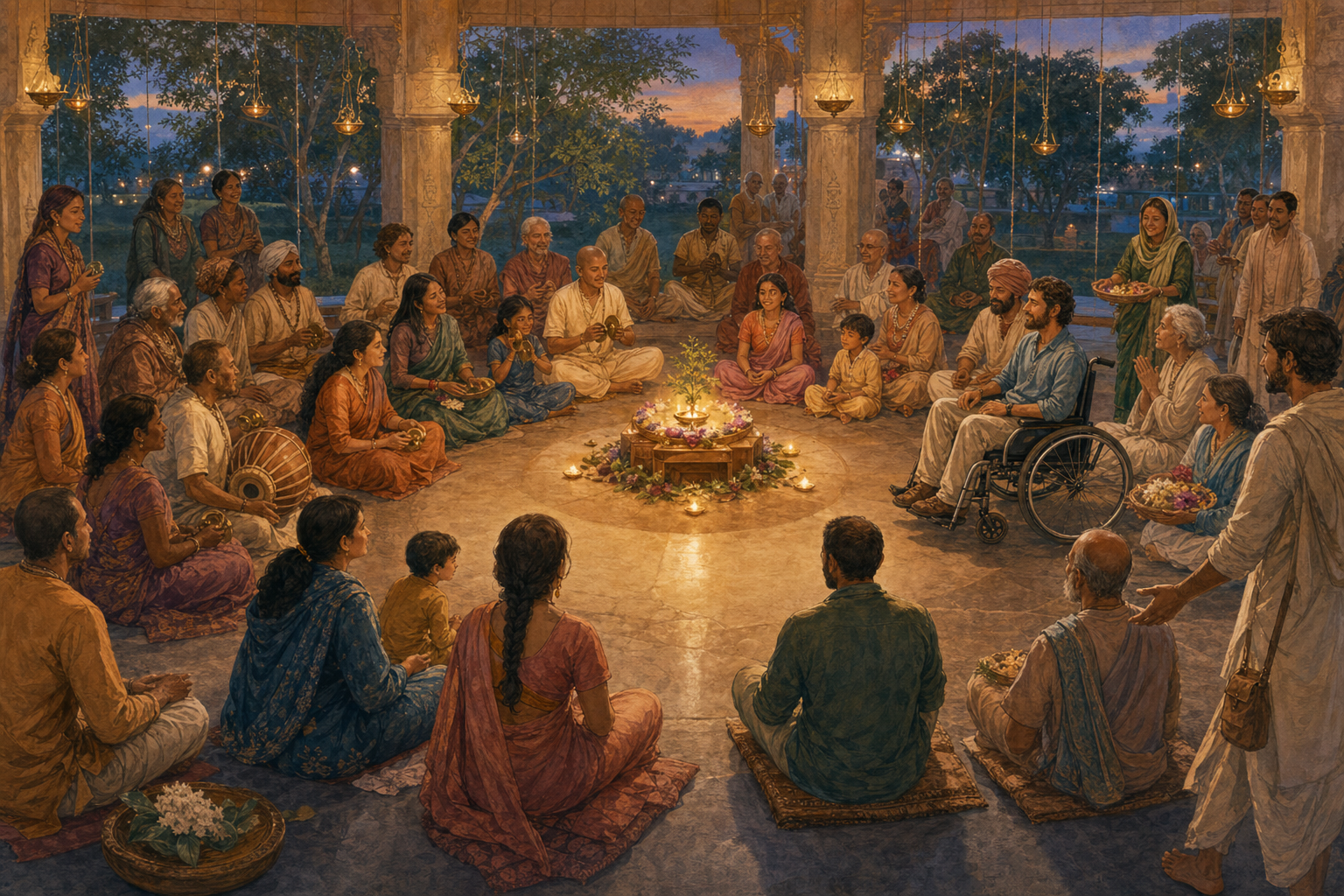 A diverse group of worshippers gathers in an open semicircle around a softly glowing altar as devotees sing, offer flowers, share prasada, and welcome newcomers.