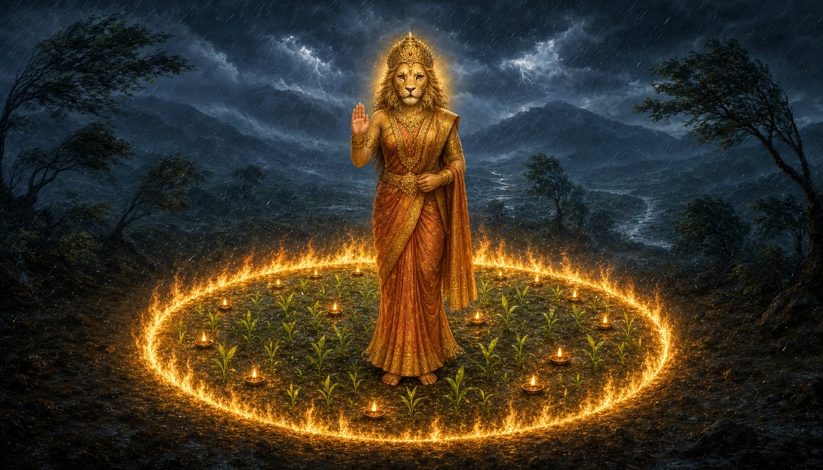 A calm lion-headed goddess raises a protective hand inside a circle of golden fire as a storm surrounds sheltered lamps and green shoots.