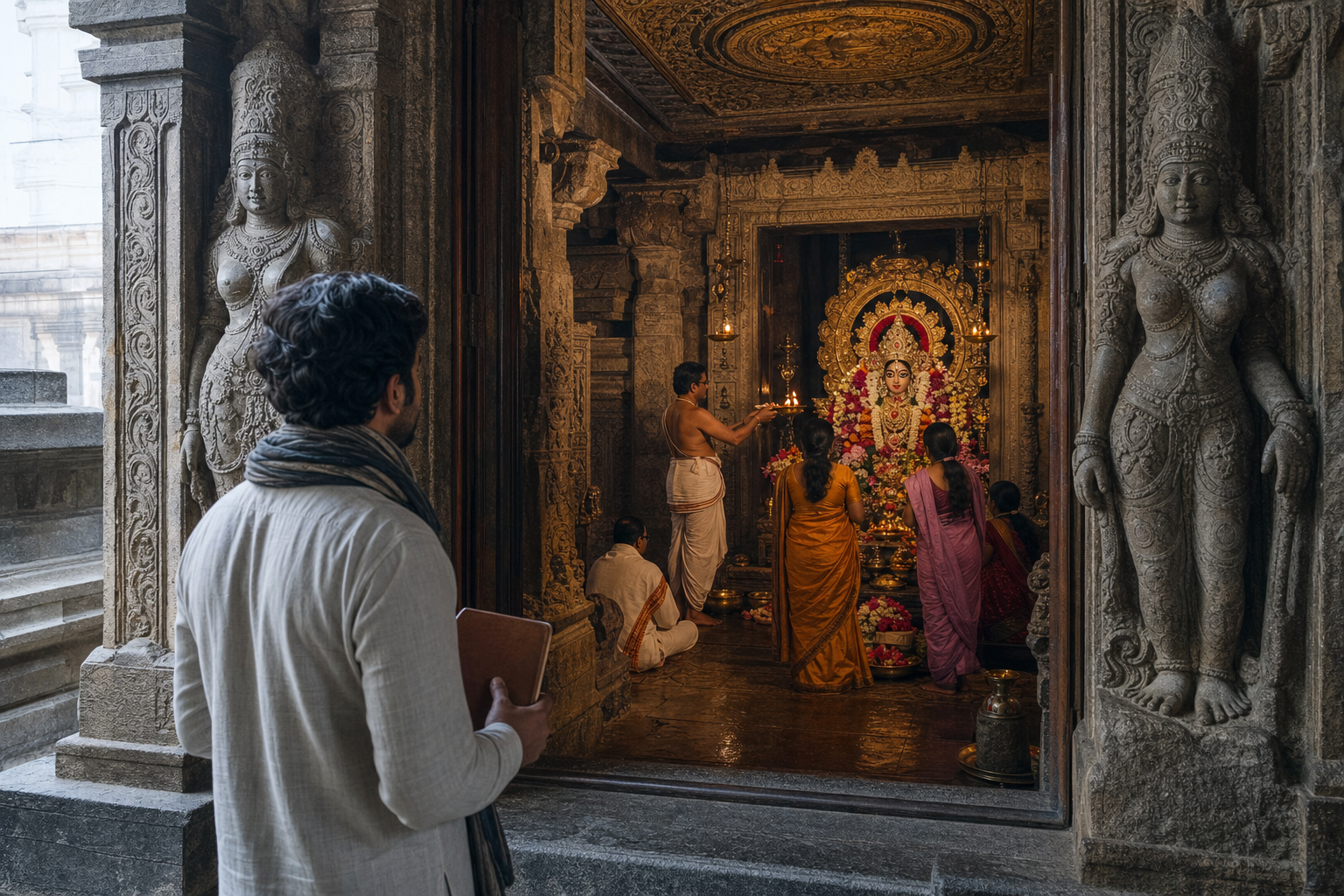 A visitor observes a garlanded sacred feminine image, its temple setting, gestures, ornaments, offerings, priest, and worshippers from the sanctum threshold.