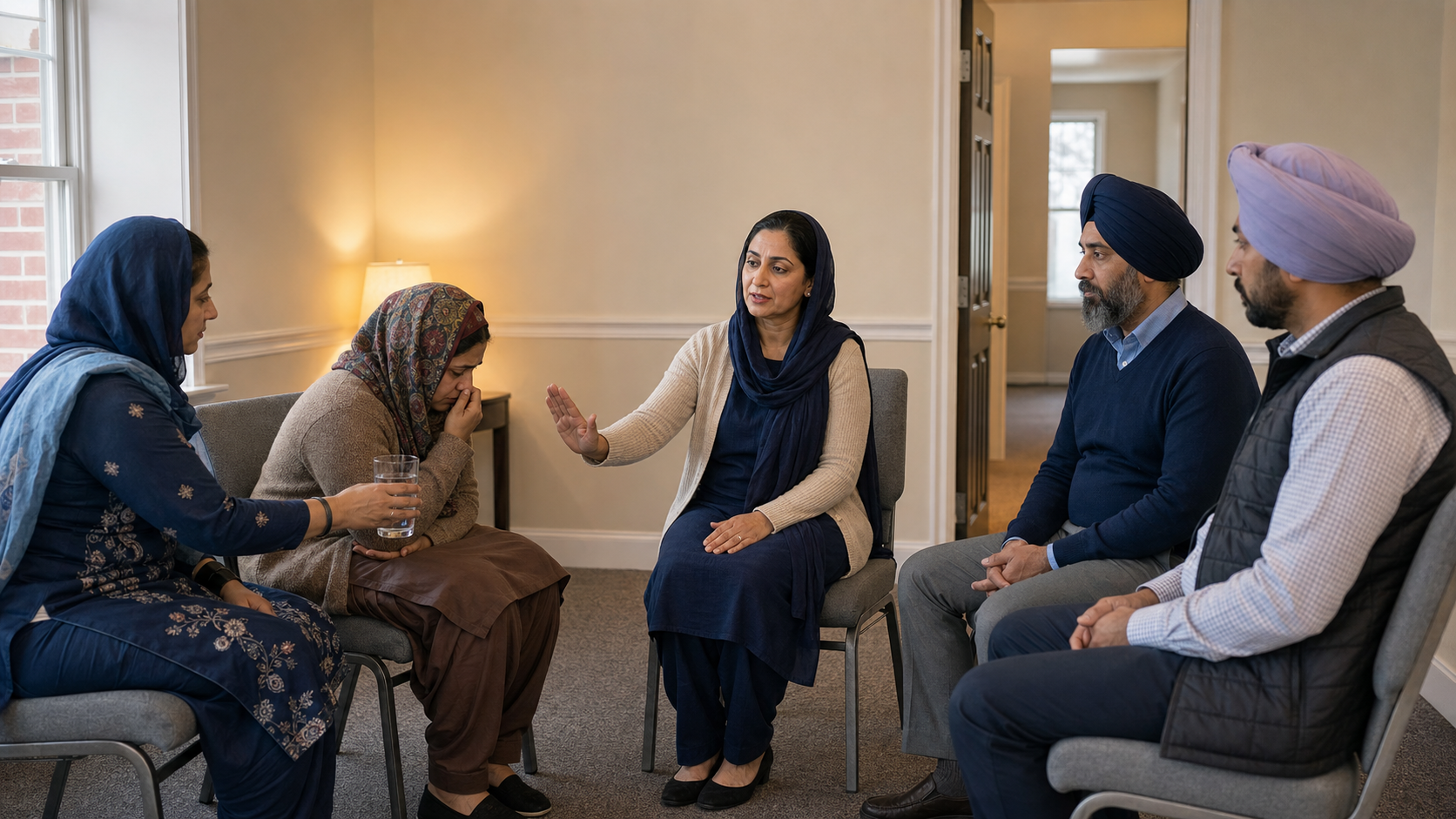 A Sikh woman calmly leads a difficult community mediation while another volunteer offers water to an upset participant.