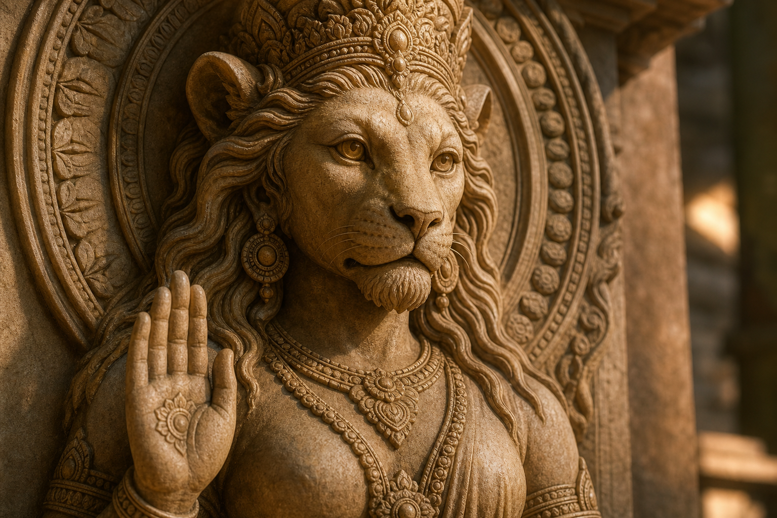A sunlit sandstone relief shows a crowned goddess with a lioness head, flowing mane, halo, and raised protective hand.