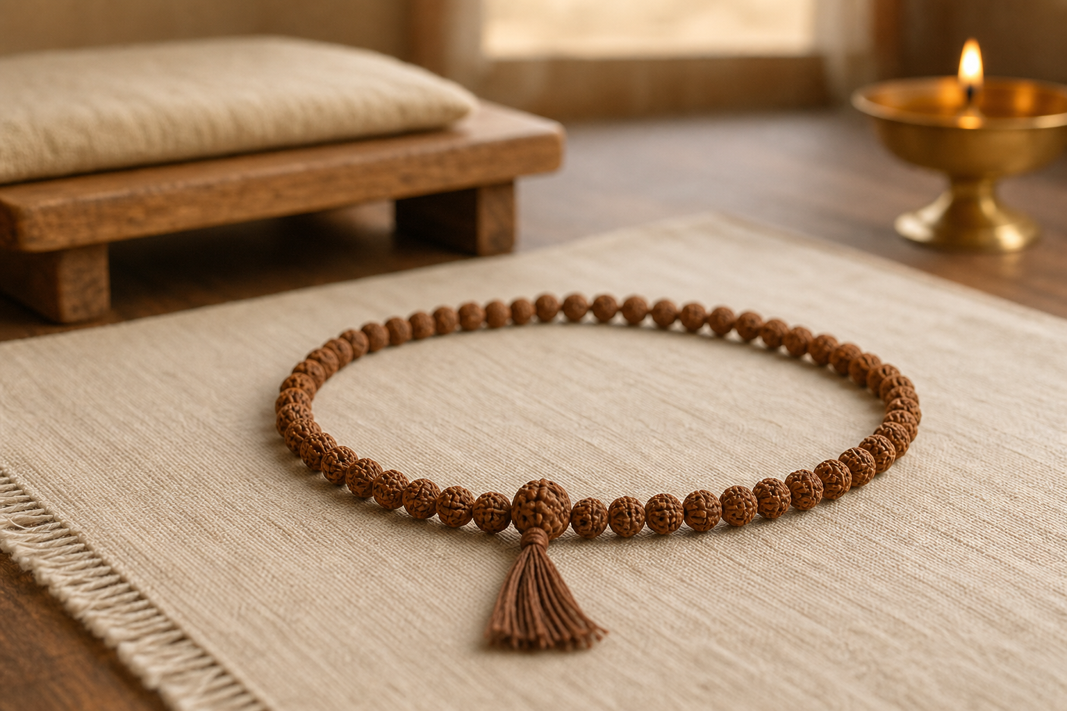 A simple brown Rudraksha mala with a meru bead and plain tassel rests on an unbleached meditation cloth in warm morning light.