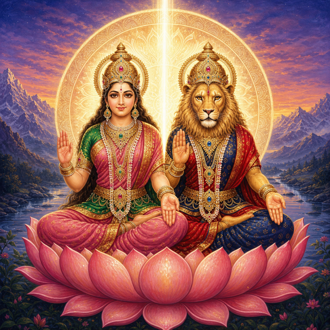 A serene human-faced goddess and a lion-headed goddess rise from the same lotus and share one luminous halo in a balanced landscape.