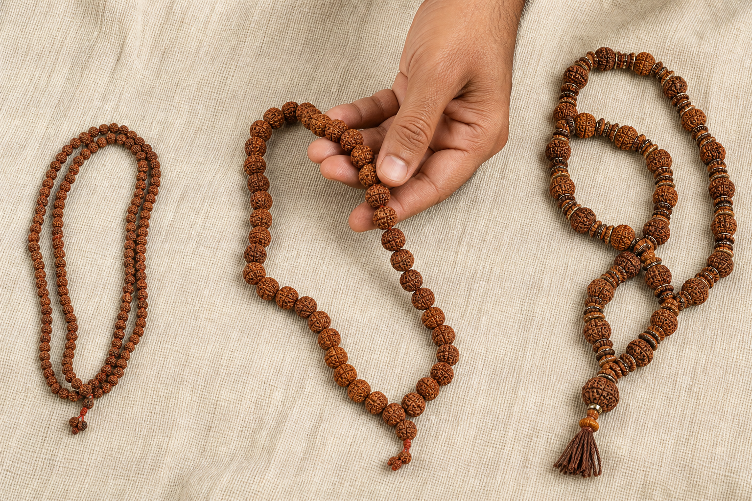 A hand lifts a plain medium-bead Rudraksha mala from a cloth beside smaller and more decorative mala options.