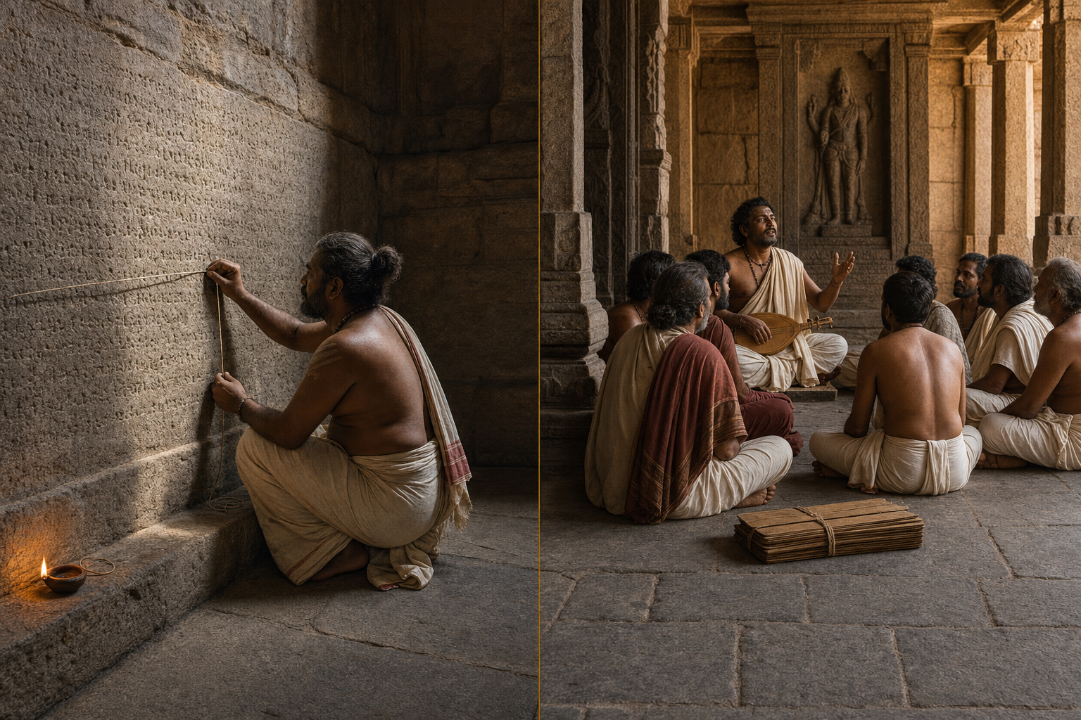 An epigraphist examines an eroded temple wall while an oral poet performs for listeners beside closed palm-leaf manuscripts.