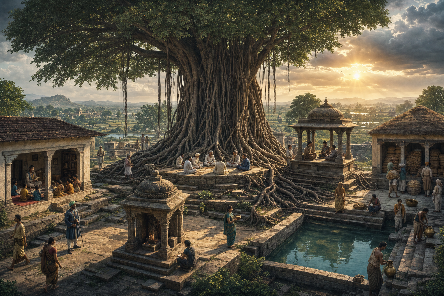 A large banyan tree shelters a civic courtyard with a school, shrine, debating pavilion, granary, reservoir, citizens, and a council in discussion.