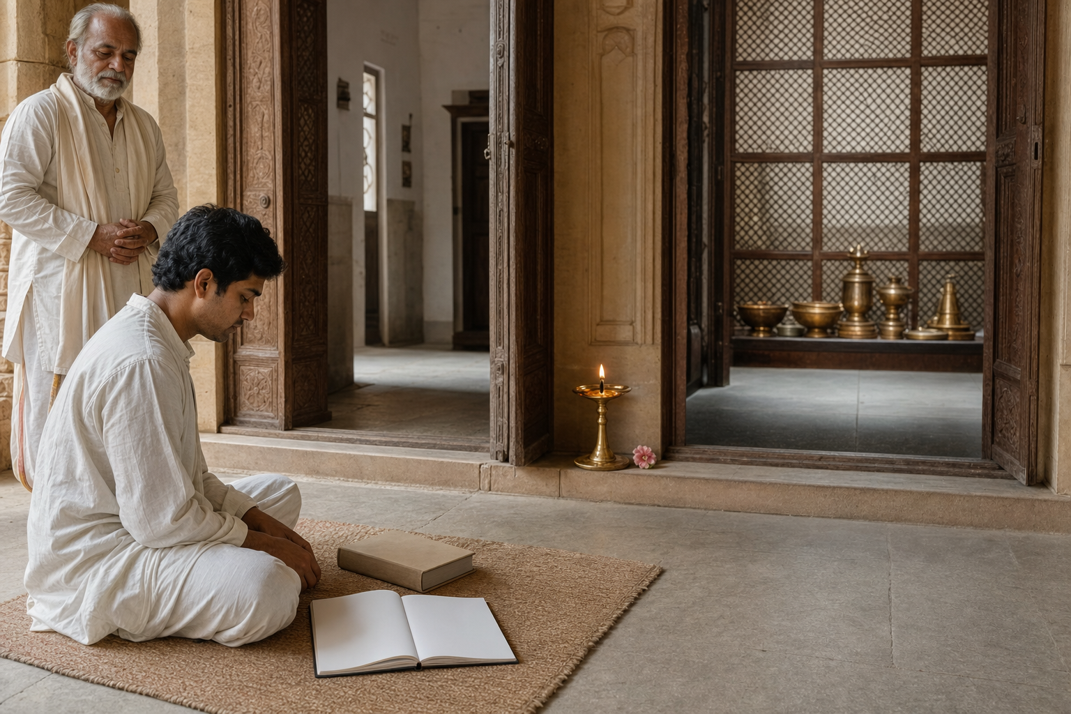 A student sits in a temple outer hall near a closed book, lamp, and flowers, while ritual vessels remain behind a carved screen under a guide's supervision.