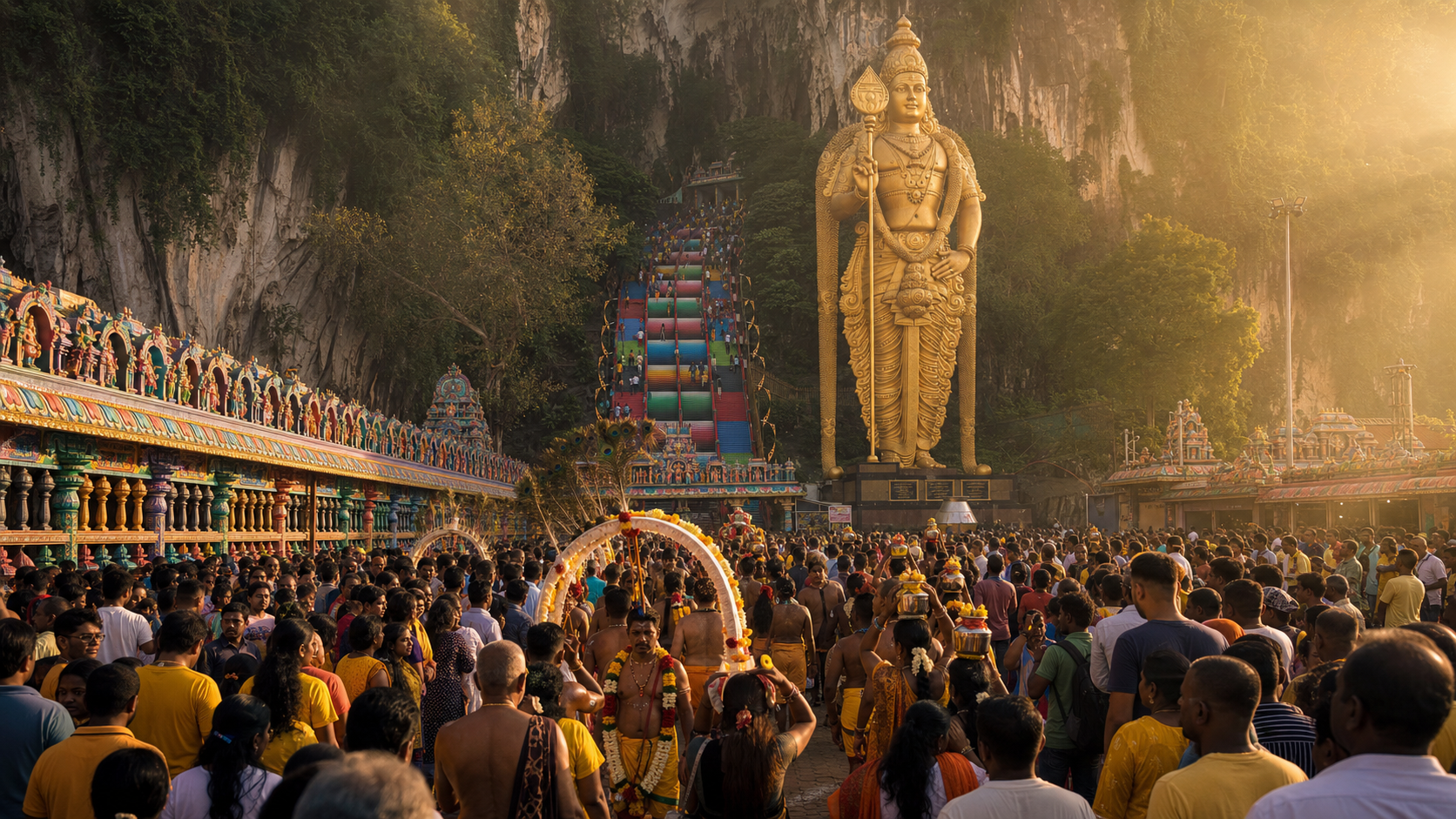 Thaipusam devotees and accompanying families approach the Murugan statue and colorful staircase at Batu Caves in the early morning.