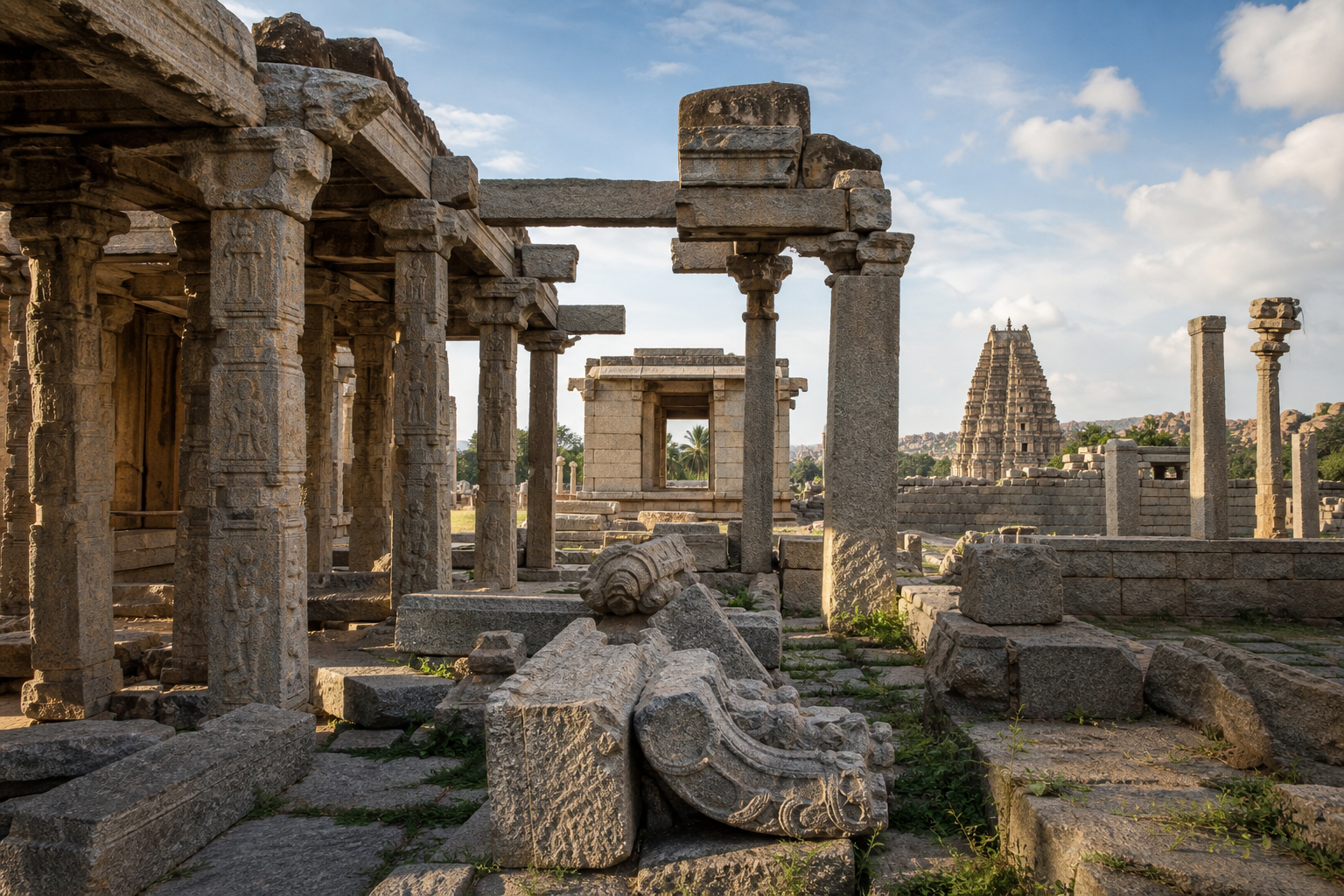 Roofless stone platforms, broken walls, scattered blocks, and foundations in Hampi's ruined royal center.