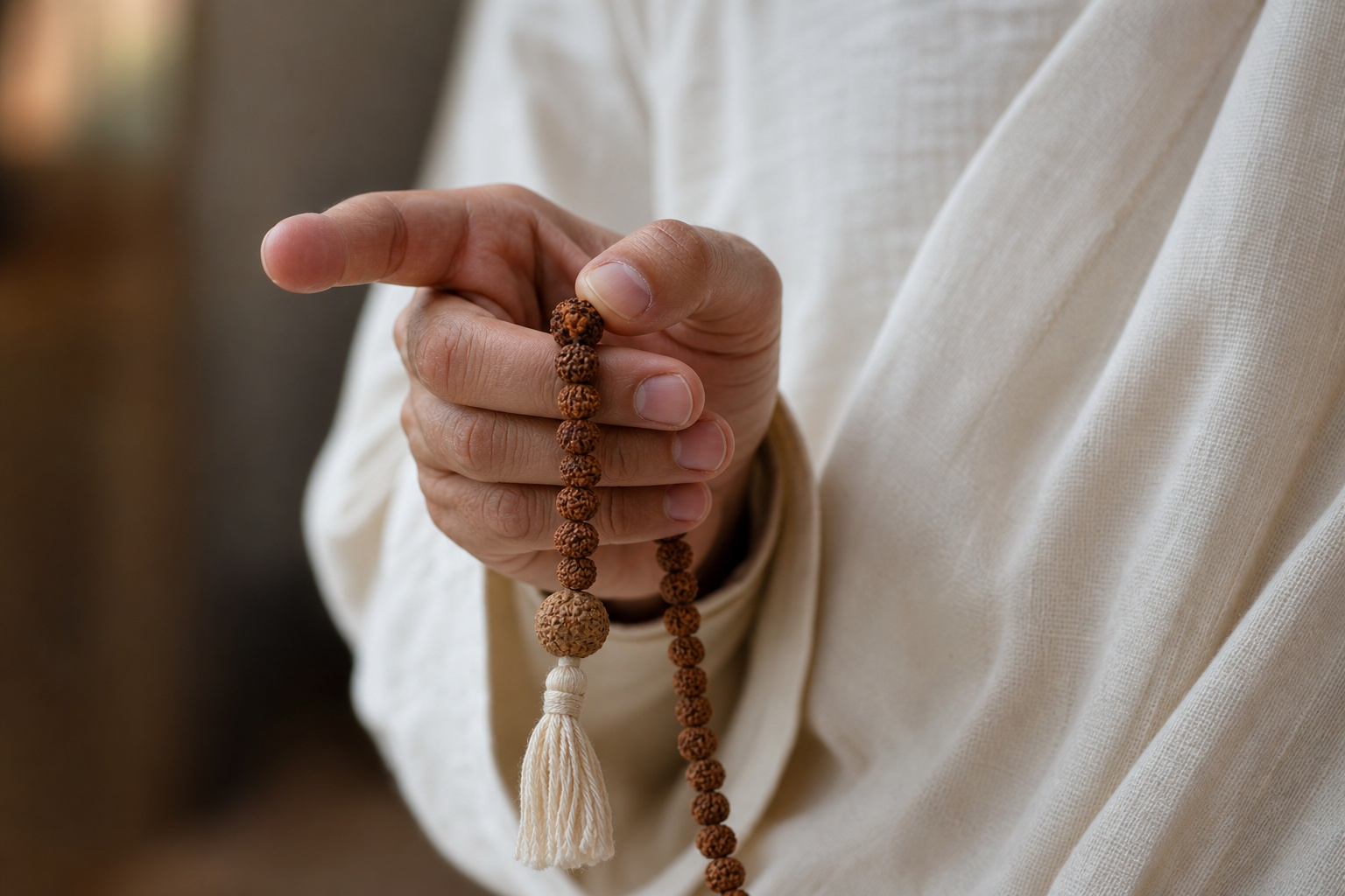A practitioner holds a Rudraksha mala over the middle finger and advances a bead with the thumb while pausing at the meru.