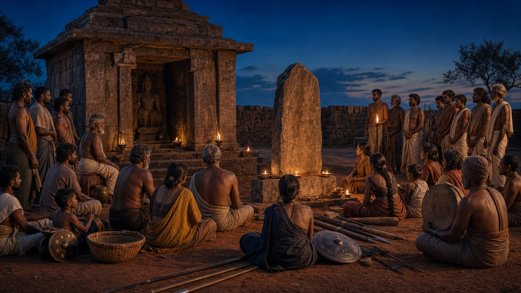 A medieval Tamil community gathers with lamps beside a small goddess shrine, grounded weapons, and a newly raised memorial stone.