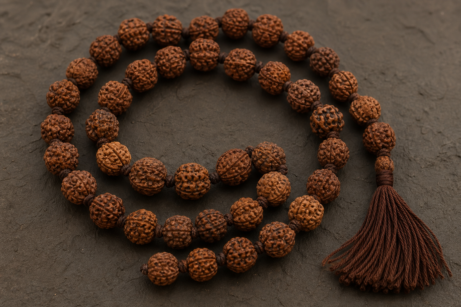 A close view of naturally varied brown Rudraksha beads shows their grooves, drilled centers, and knots along a mala strand.