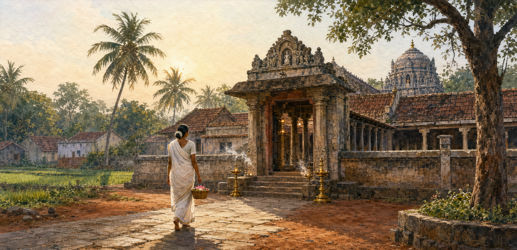 A barefoot pilgrim carrying flowers approaches a historic Tamil temple surrounded by coconut palms and village fields at dawn.