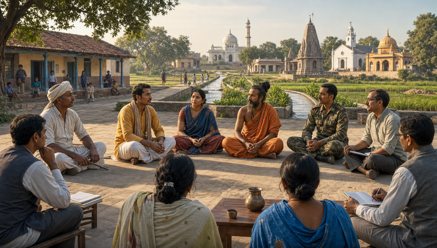 A civic council listens to people from several walks of life in a courtyard overlooking irrigated fields, a school, and places of worship.