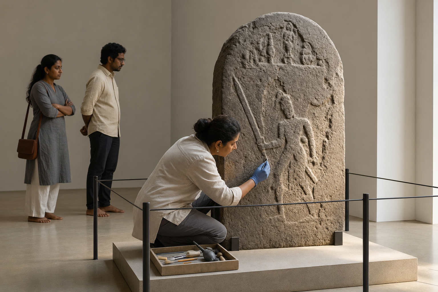 A conservator examines a weathered medieval Tamil memorial stone as two museum visitors observe from behind a protective boundary.