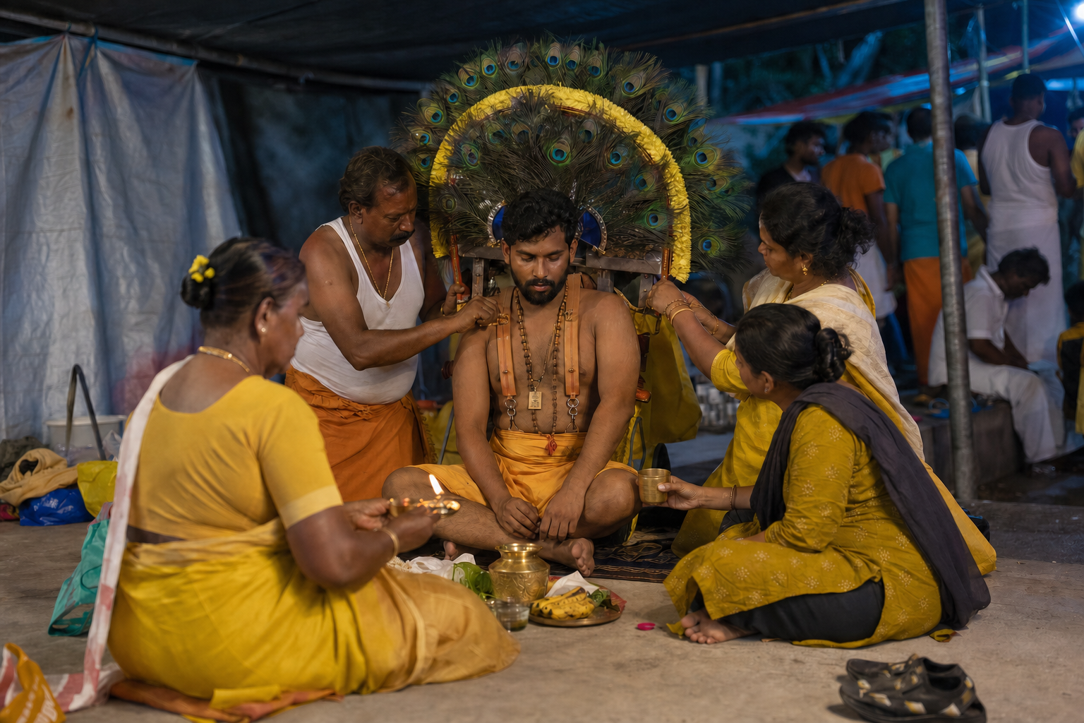 A Thaipusam vow-bearer sits while family members prepare a peacock-feather kavadi and keep a milk pot nearby.