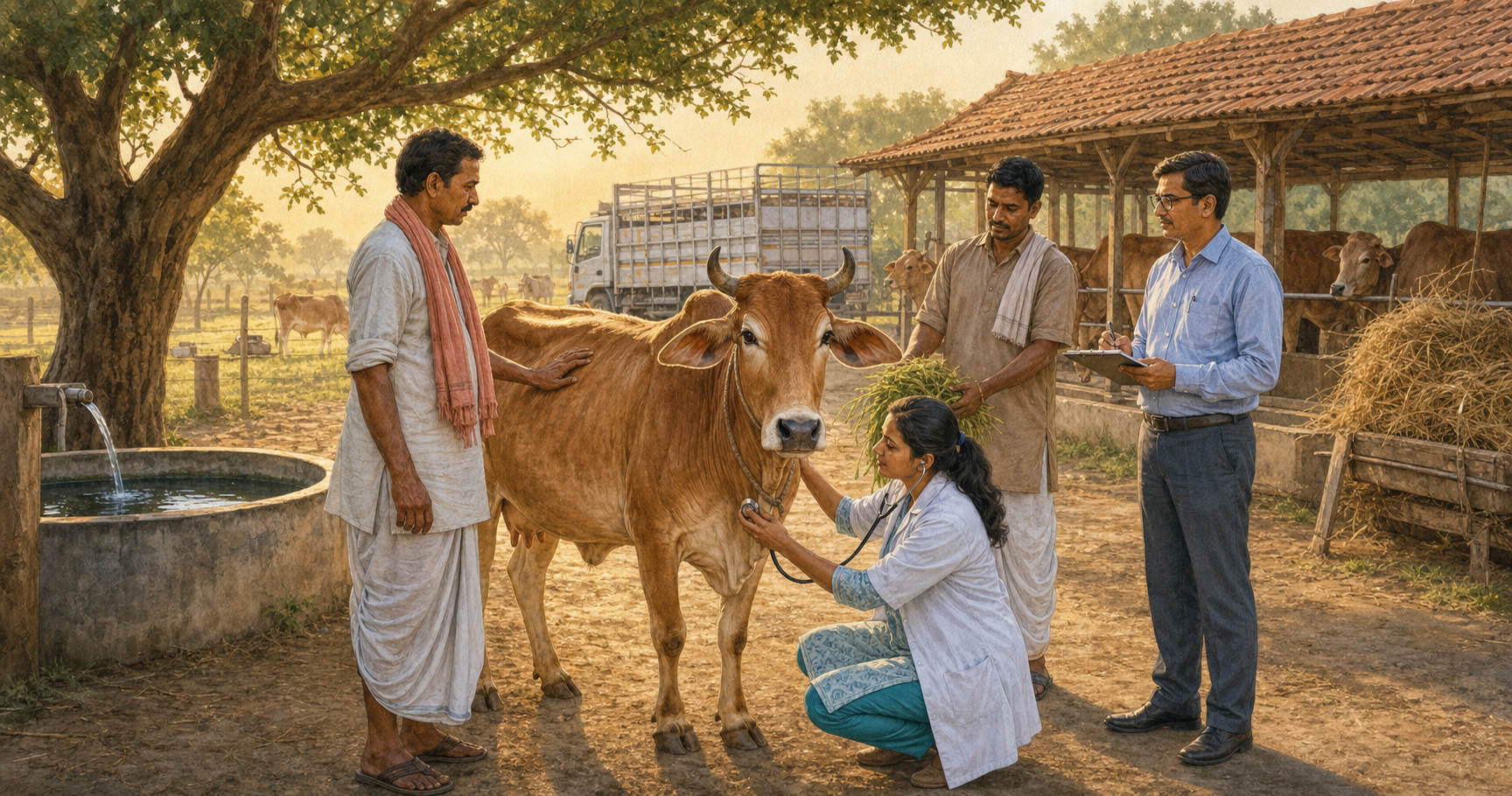 An indigenous cow stands among a farmer, veterinarian, caretaker, and public official in a clean rural care setting with fodder, water, shelter, and livestock transport nearby.