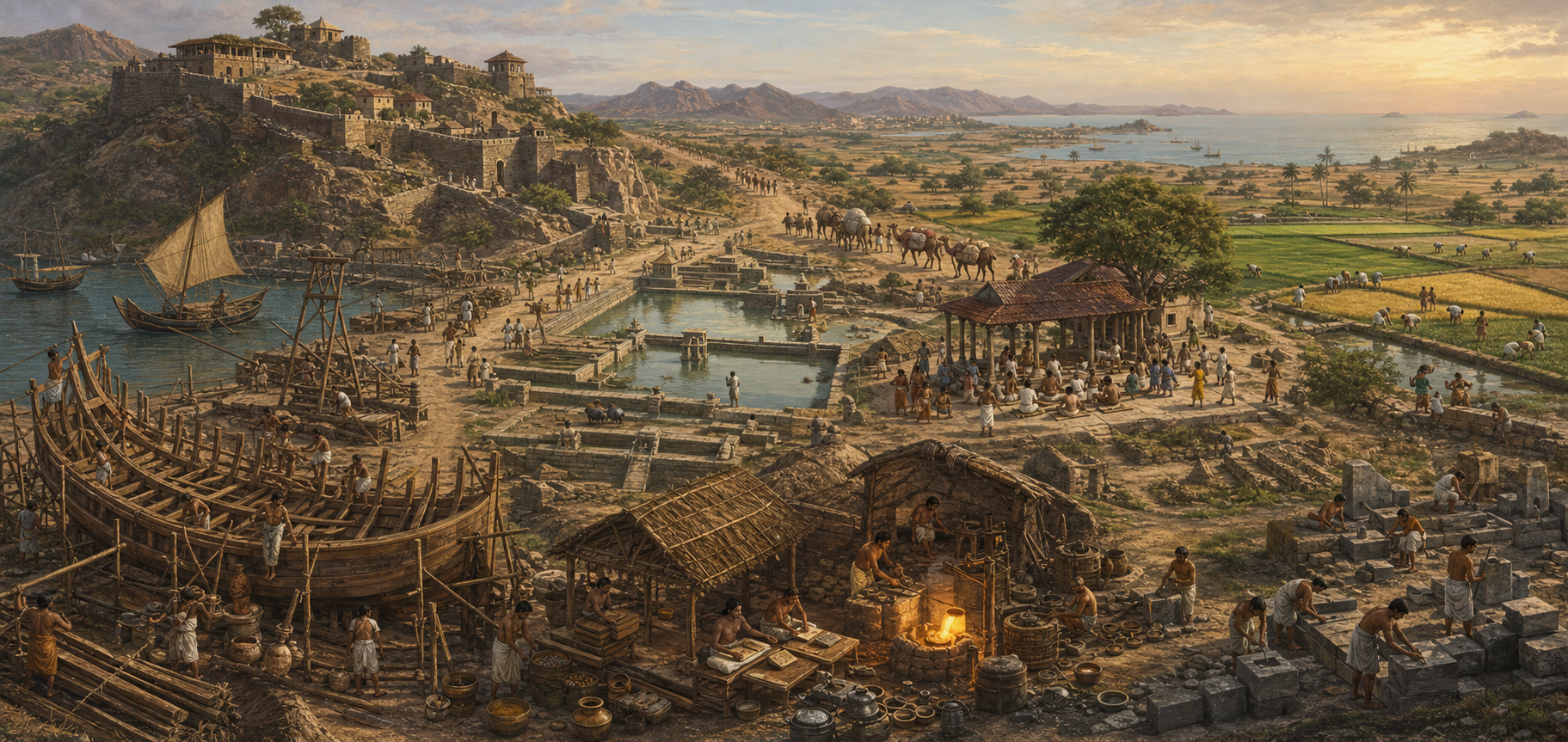 A panoramic Indian landscape connects fortifications, a shipyard, irrigation works, workshops, trade routes, an assembly pavilion, and cultivated fields maintained by many people.