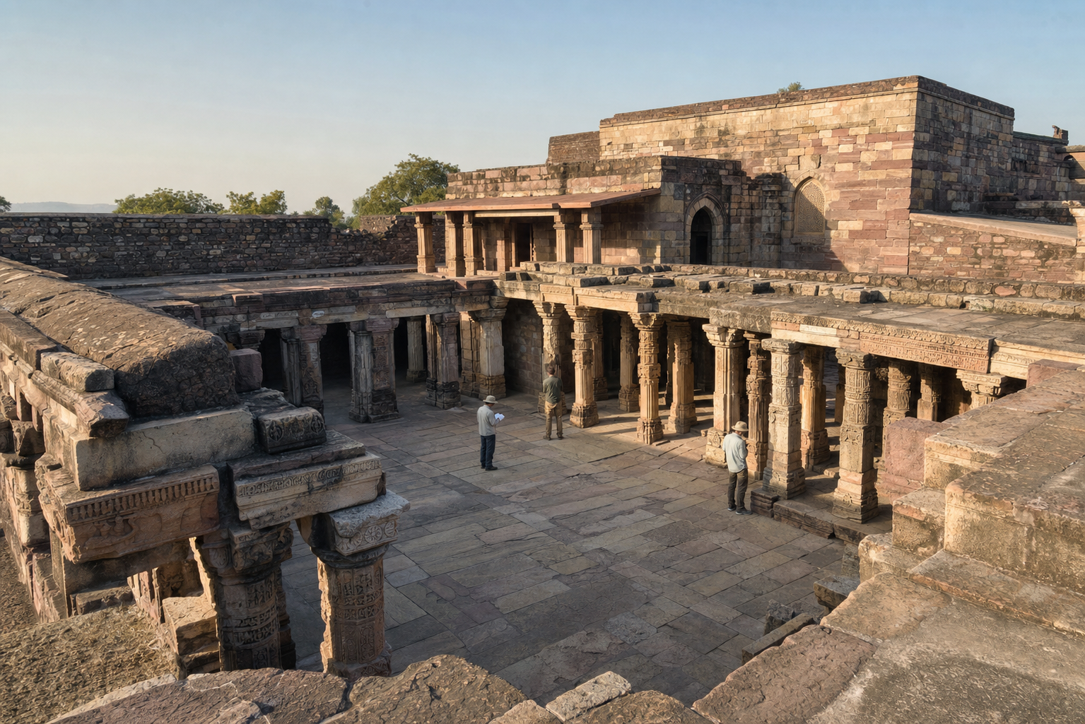 Oblique view of the Bhojshala-Kamal Maula stone courtyard and colonnades, with archaeologists examining carved pillars and varied masonry.
