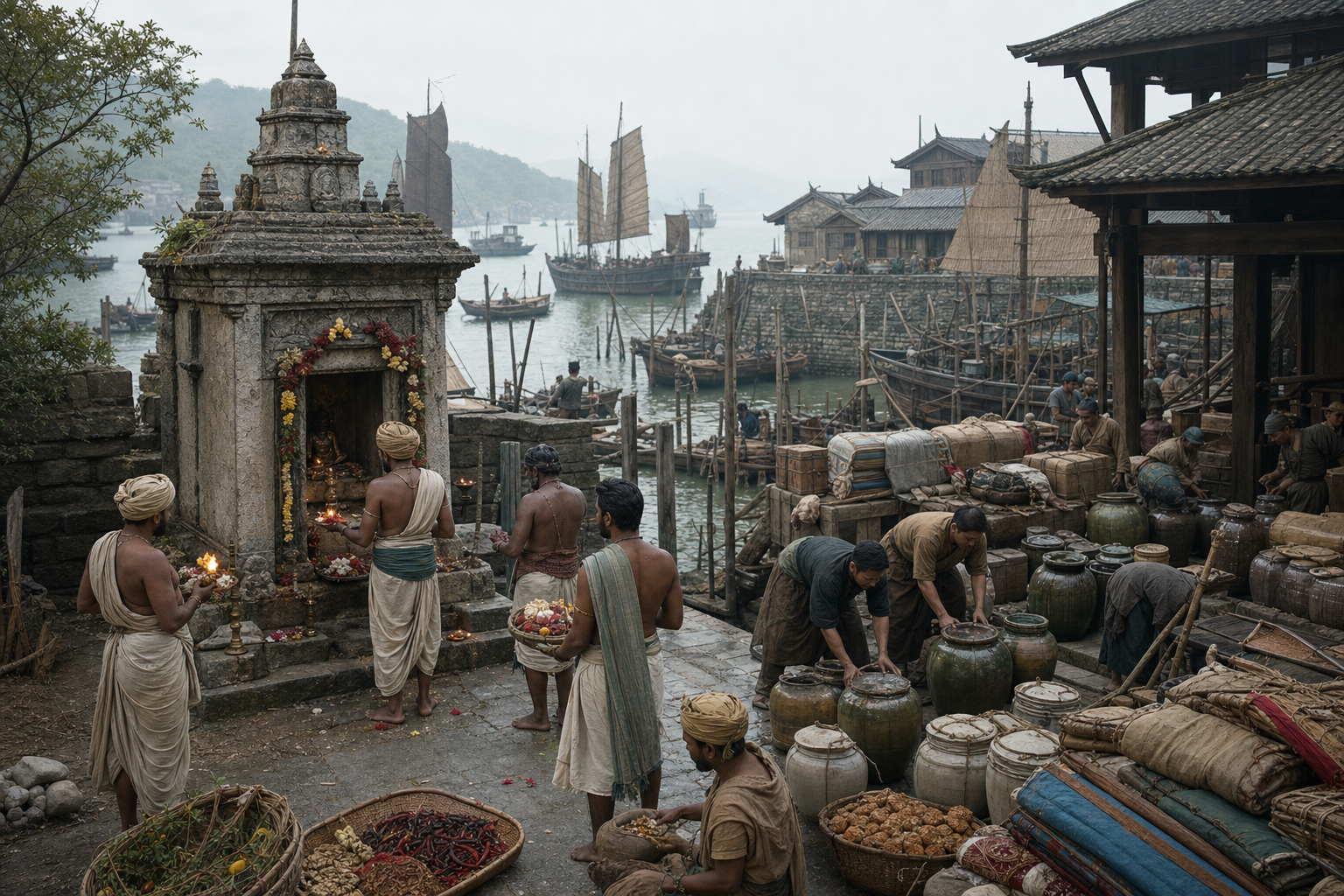 Medieval Chinese, South Asian, and Southeast Asian trading vessels travel along a shared sea corridor toward a southeastern Chinese port.