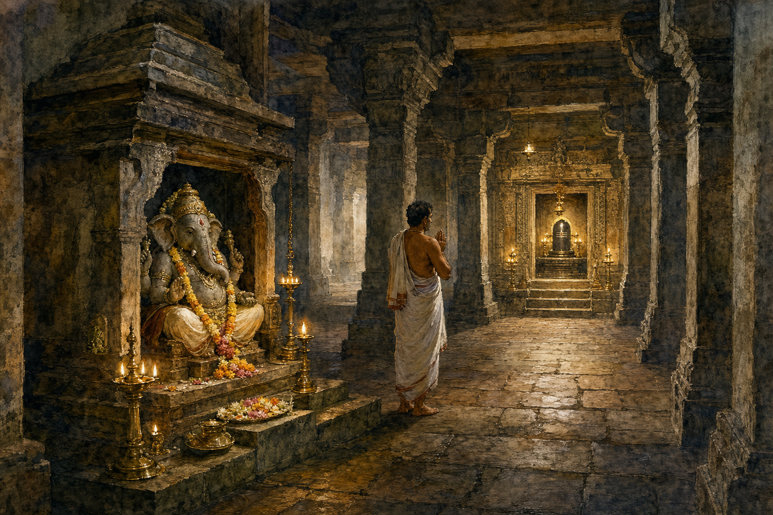A devotee stands between a lamp-lit Ganapati side shrine and the deeper Shiva sanctum inside a granite temple hall.