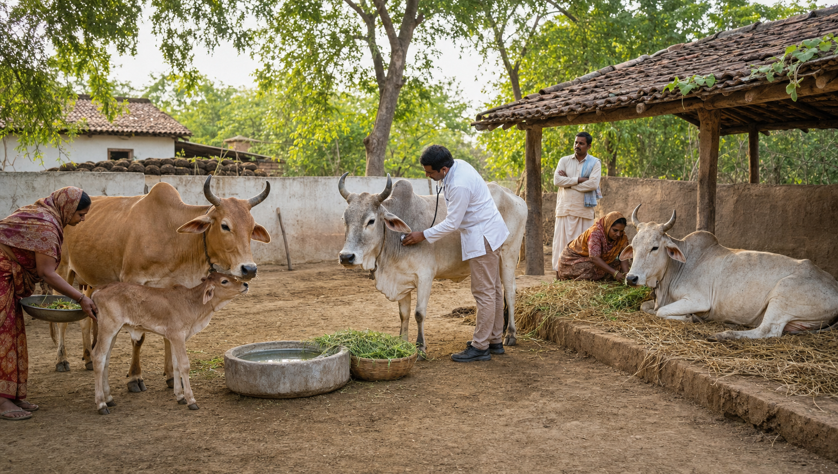 A calf, an adult cow receiving veterinary care, and an elderly cow resting in a shaded shelter represent cattle care throughout the animal's life.
