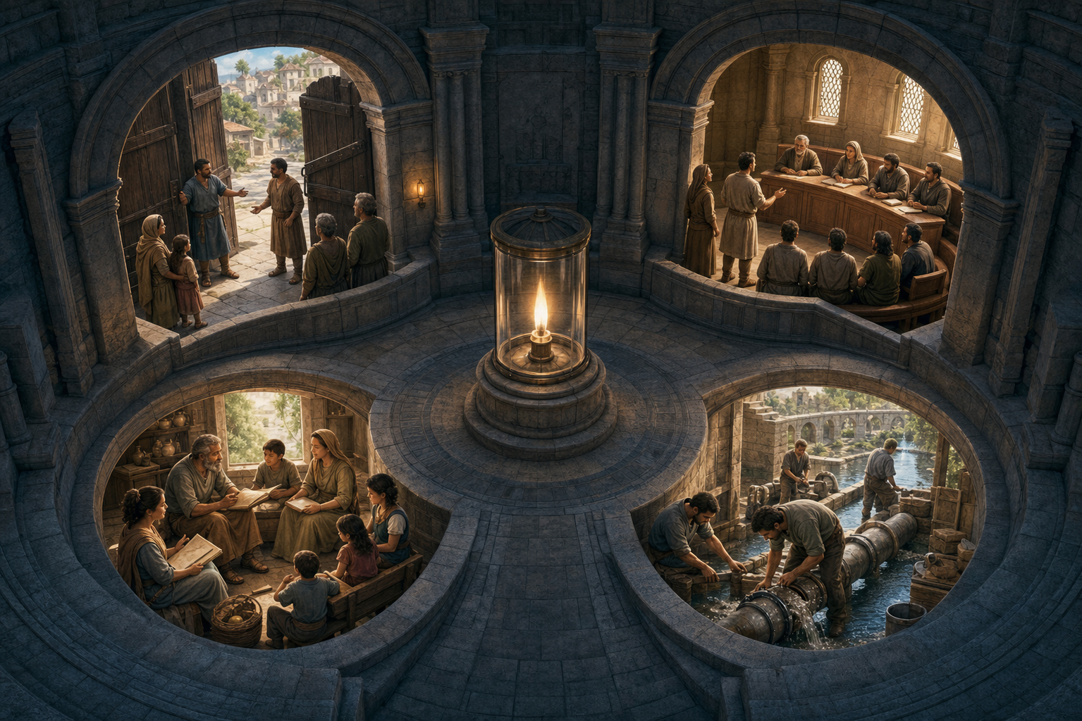 Four connected scenes surround a central lamp, showing guardians at a town gate, a public hearing, intergenerational teaching, and engineers repairing a water system.