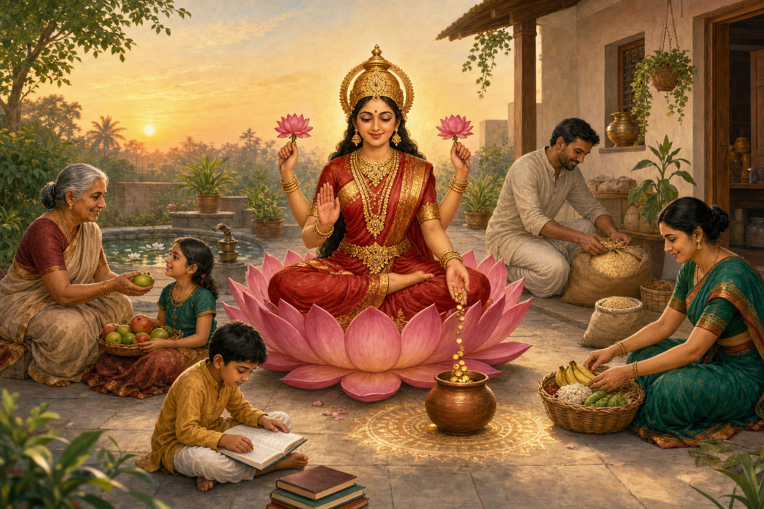 Goddess Lakshmi sits on a lotus in a household courtyard while family members study, share food, organize resources and prepare a basket for giving.