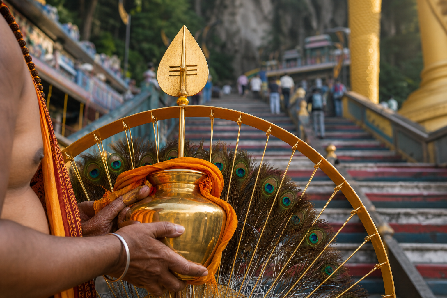 A devotee holds a brass milk pot beside a peacock-feather kavadi, with the Batu Caves staircase rising in the background.